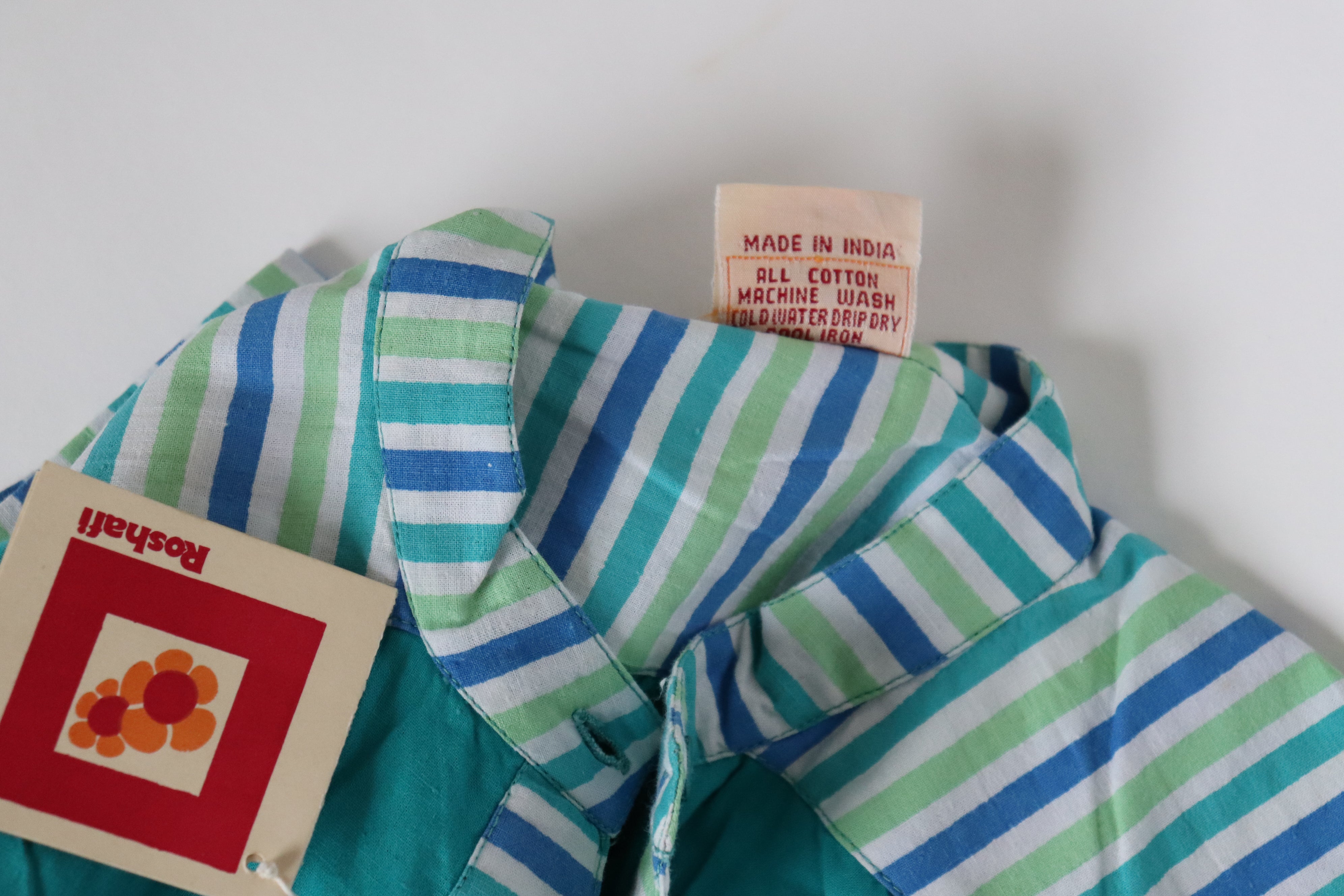 Vintage Roshafi Cotton Dress - Green Striped  - 1980s - Fit XXS  - UK 6 / 8