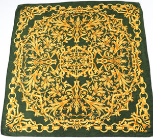Green / Gold Vintage Silk Scarf - Baroque Style  -  LARGE