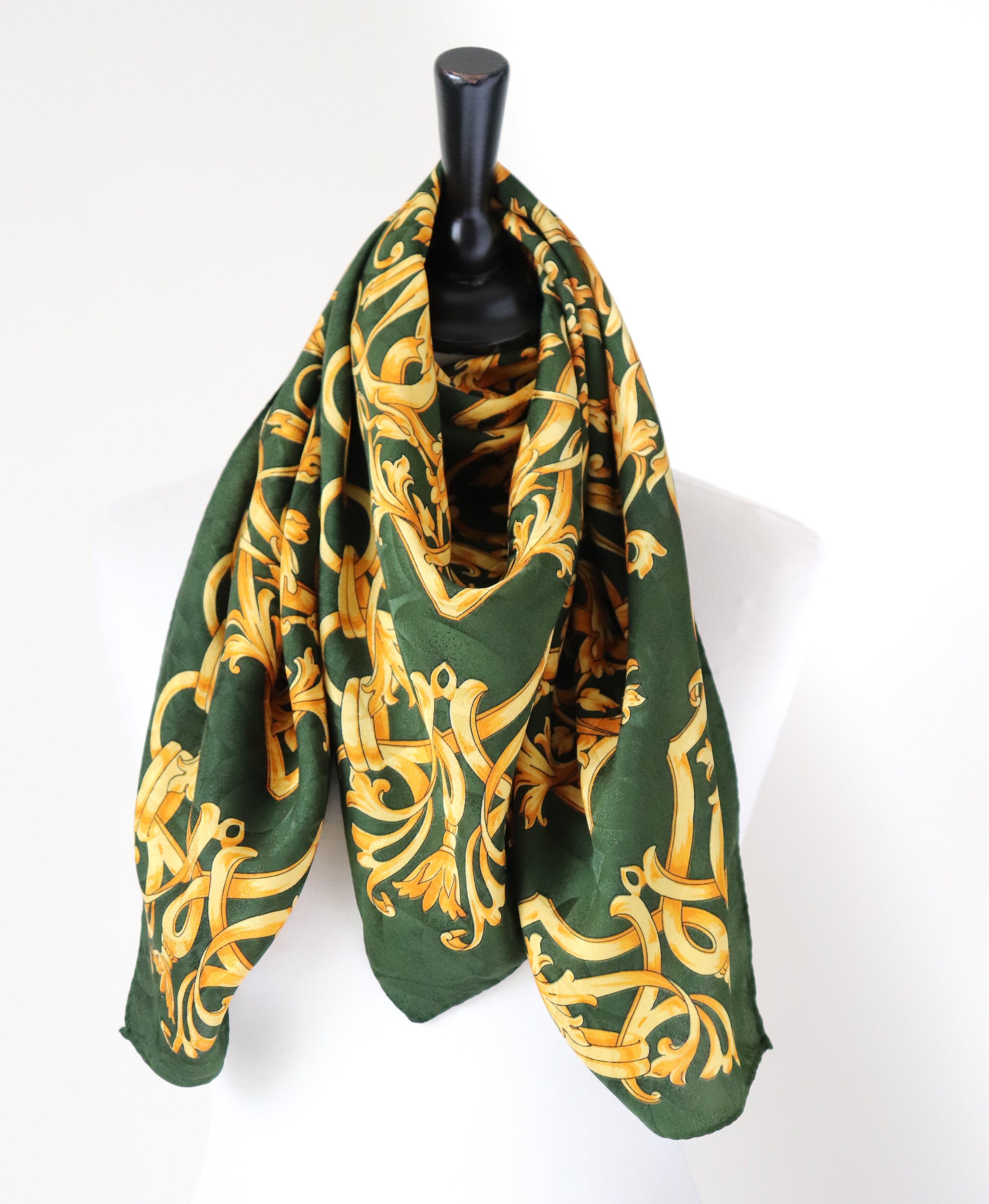 Green / Gold Vintage Silk Scarf - Baroque Style  -  LARGE