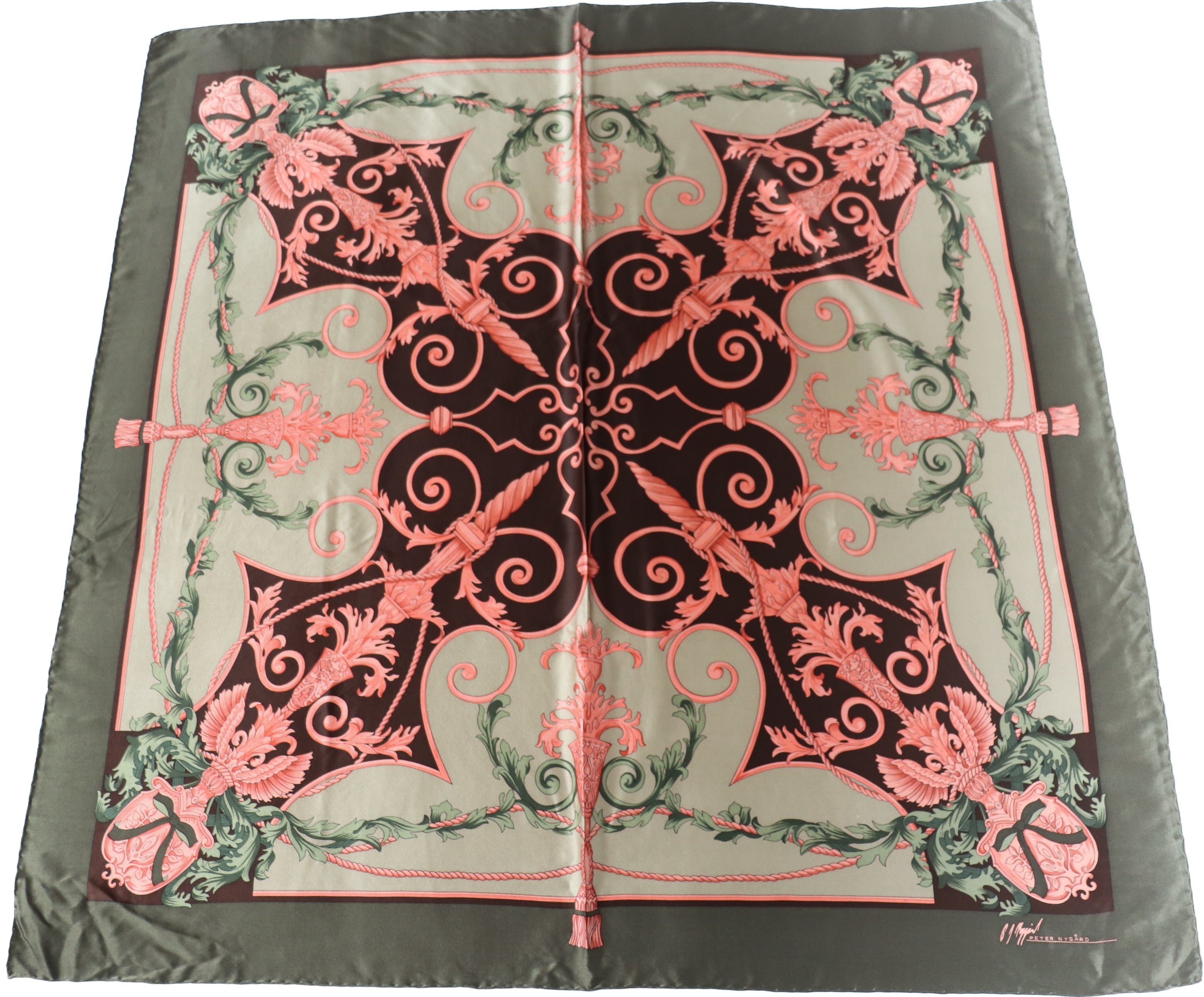 Peter Nygard Silk Scarf / Shawl - Green / Brown / Pink Baroque Print - X Large