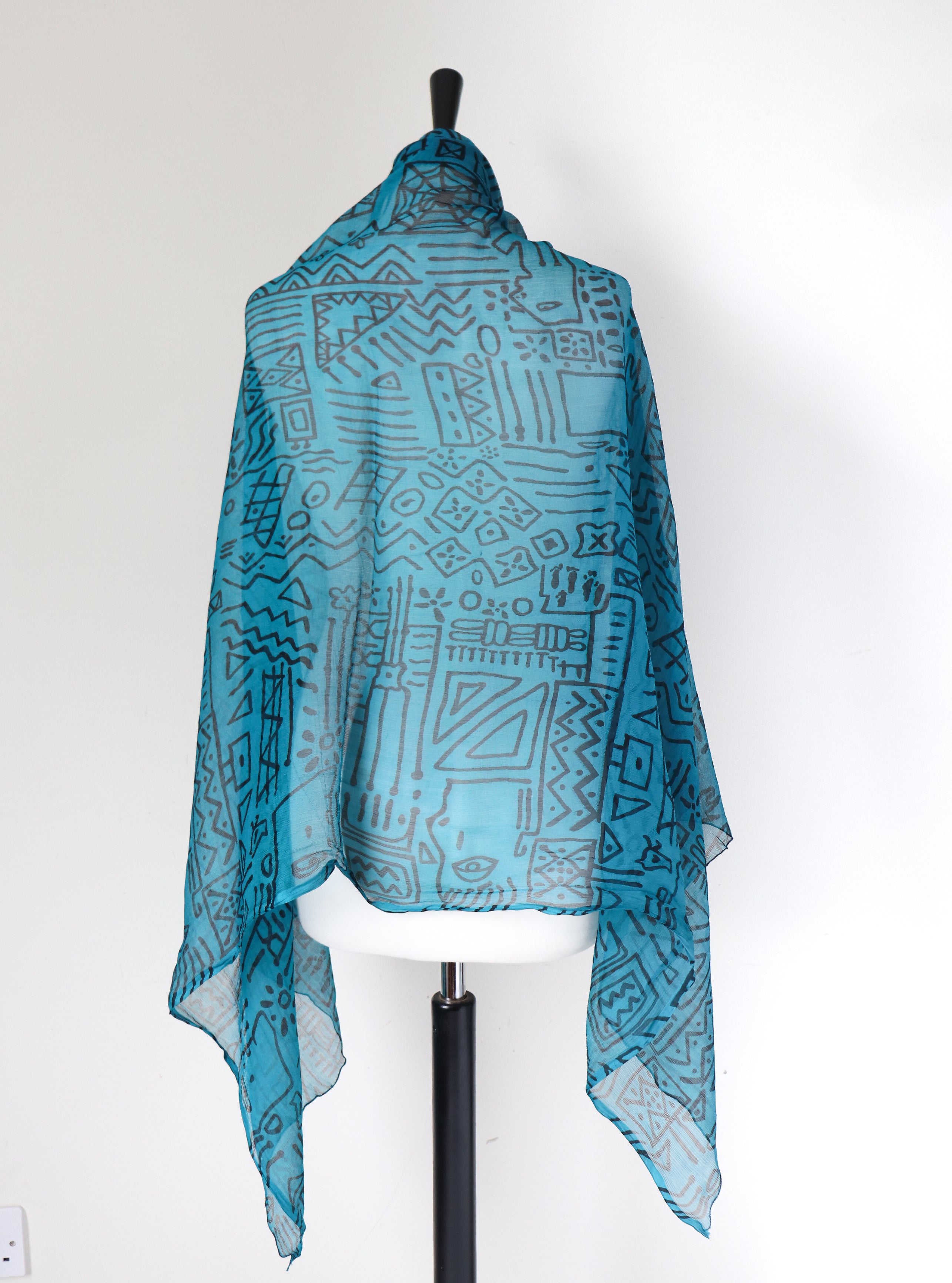 Vintage Chiffon Silk Long Scarf  -  Blue Tribal Art - Large