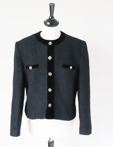 Boucle Wool  Black Collarless Jacket - Vintage M&S - Fit M