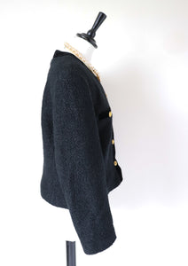 Boucle Wool  Black Collarless Jacket - Vintage M&S - Fit M