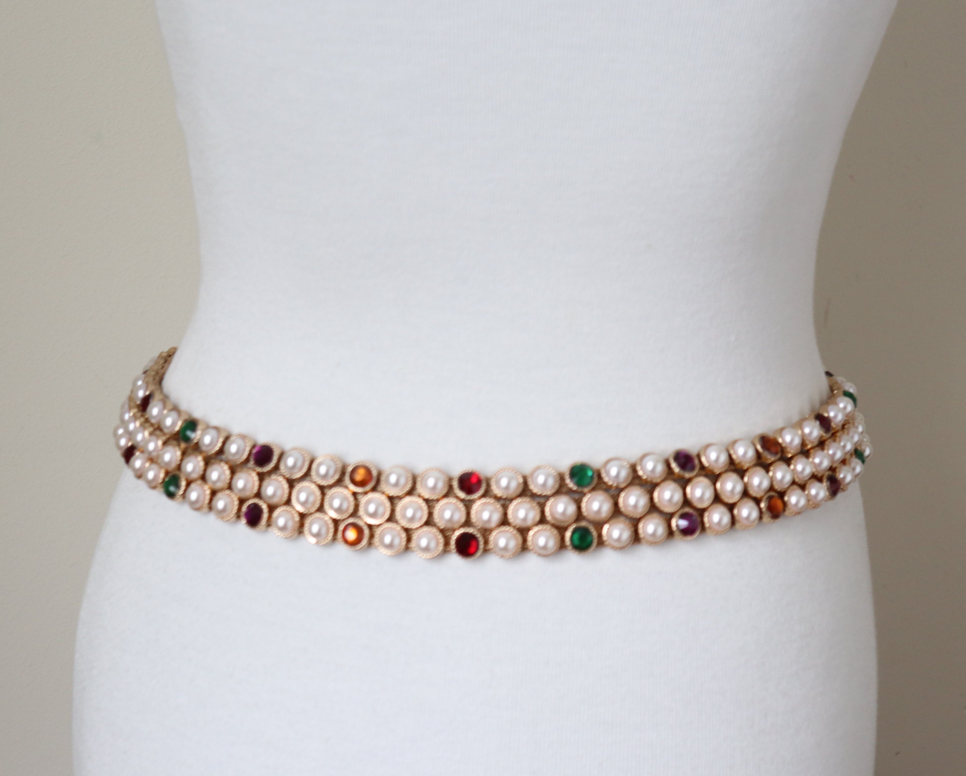3 Strand Chain Belt - Pearl / Rhinestone Jewels ( Gold Tone ) - Small