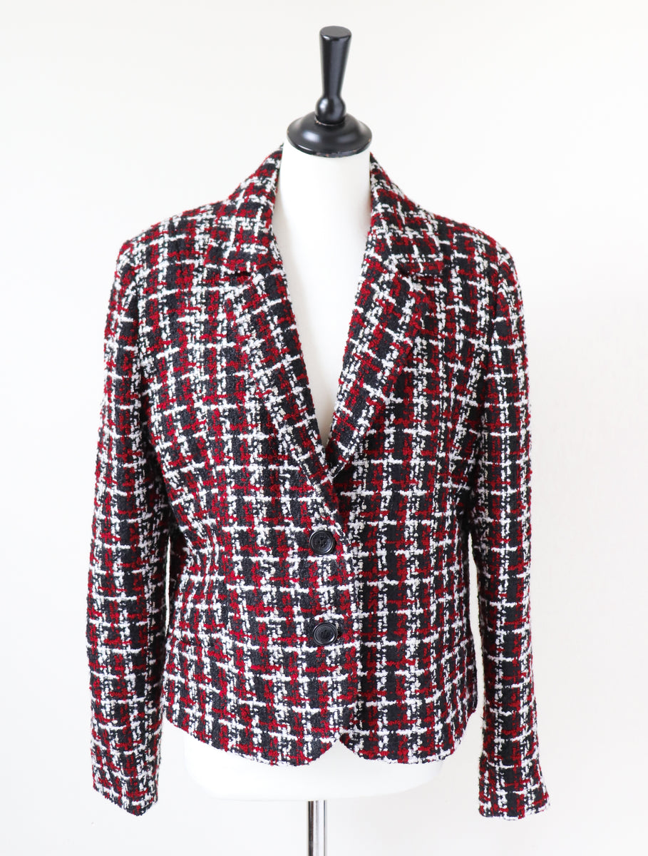 Vintage Textured Tweed Blazer Black White Bouclé Jacket Collared Knit Coat Size 12