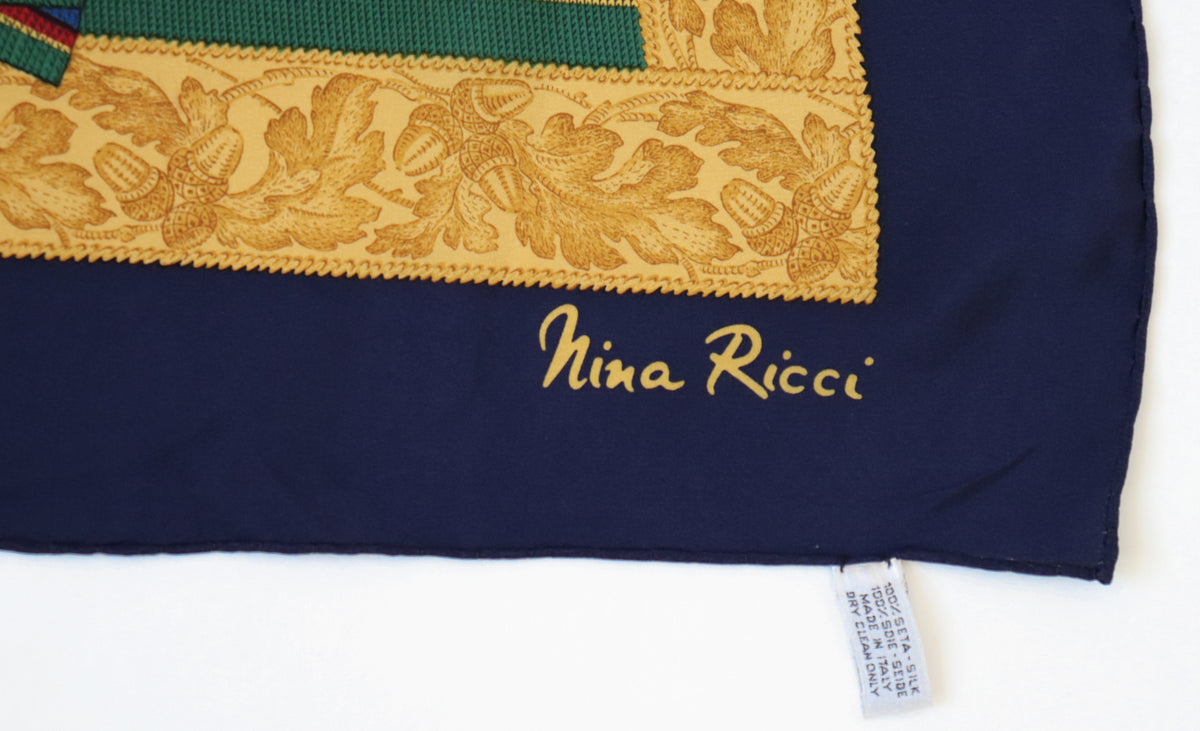 Nina Ricci Vintage Silk Scarf Blue Green Gold Bow Grosgrain Prin Marshmallow Mountain
