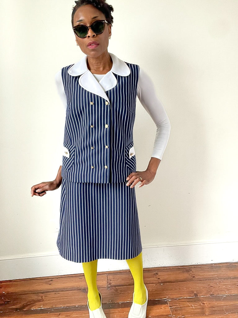 Vintage Skirt and Waistcoat Suit  - 1960s Blue Nautical Striped - Fit L / UK 14