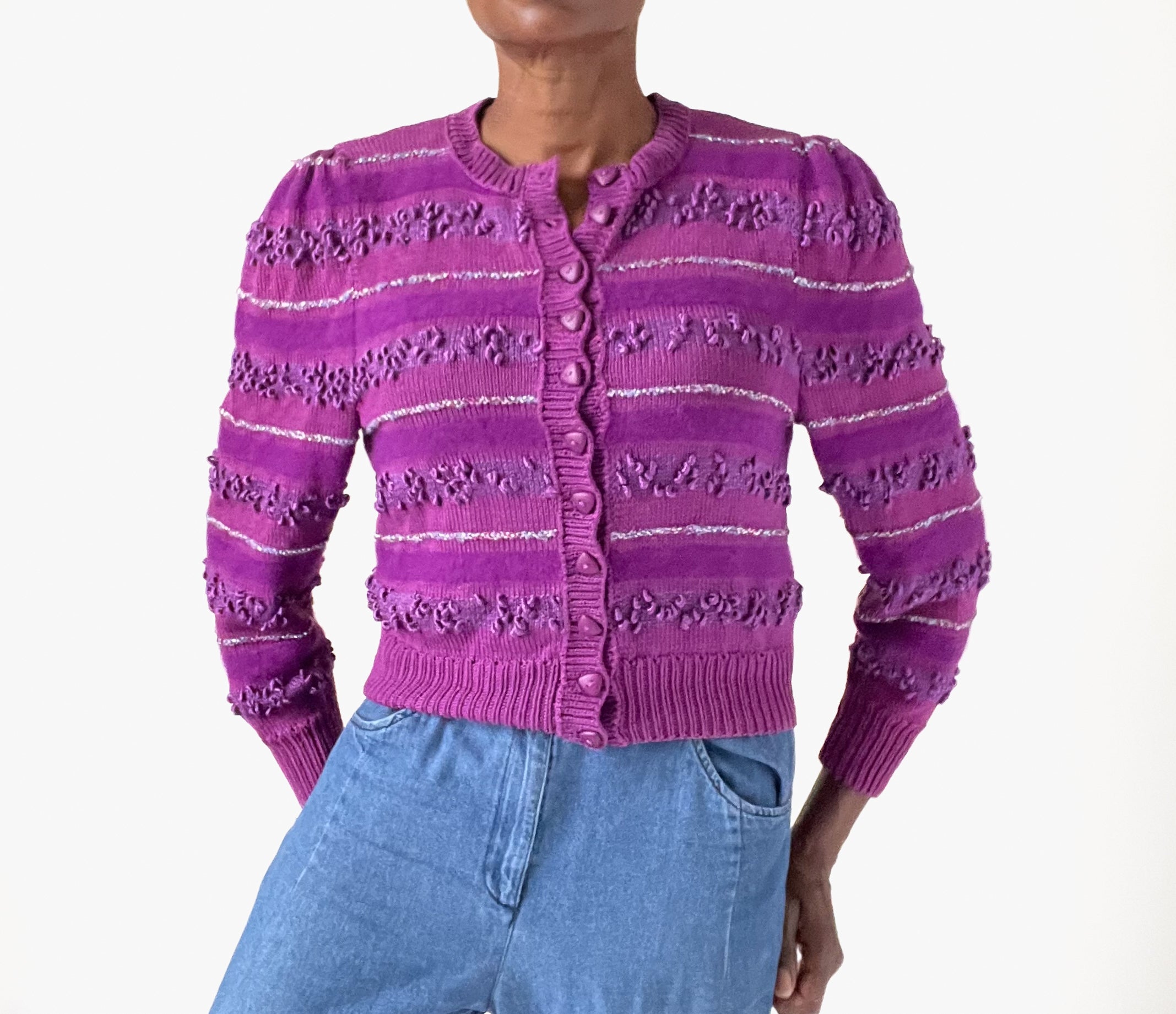 Vintage Knitted Cropped Cardigan -1980s - Purple - S / M /  UK 10 / 12