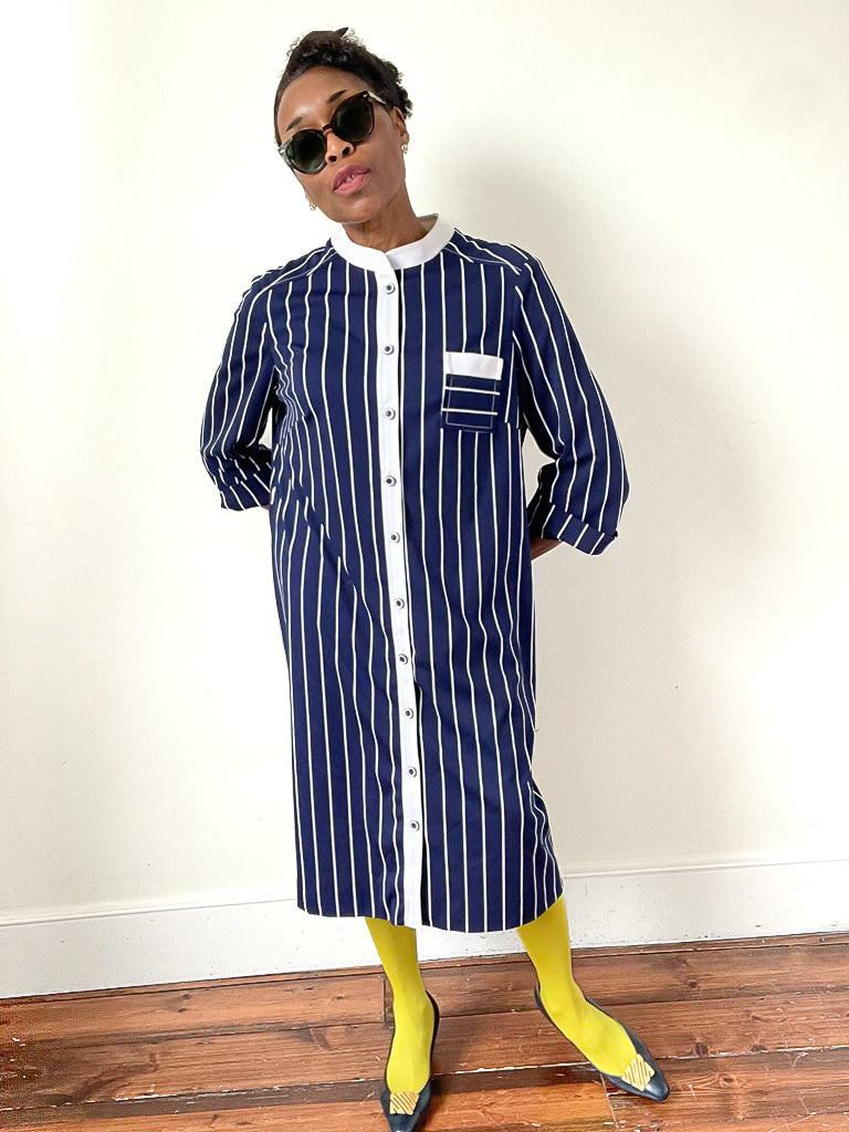 Berketerx Vintage Shirt  Dress - Blue / White Striped - Fit L / UK 14