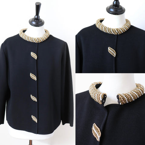 Knitted Collarless Black Wool Jacket - Vintage Marc Andrews - M / UK 12