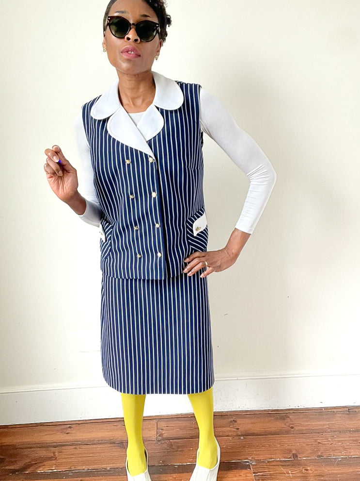 Vintage Skirt and Waistcoat Suit  - 1960s Blue Nautical Striped - Fit L / UK 14