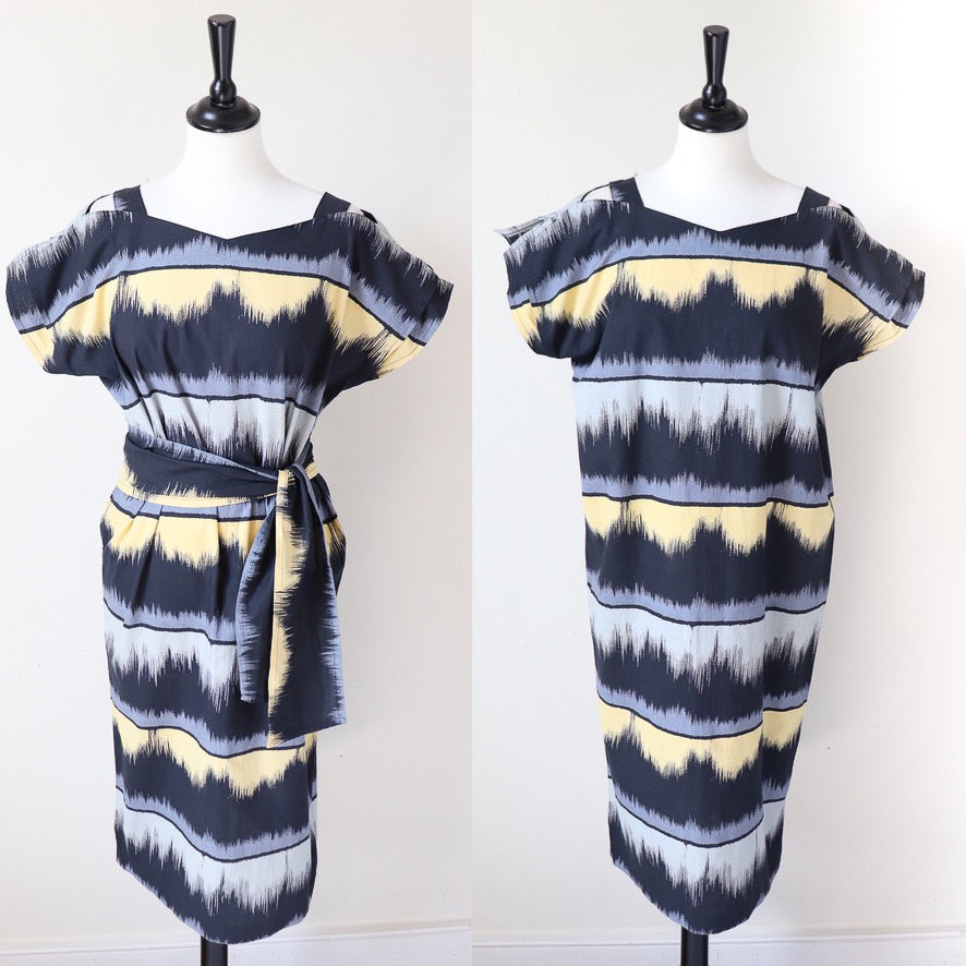 Cotton Summer Dress - Black / Grey / Yellow Stripe - Fit S / M - UK 10 / 12