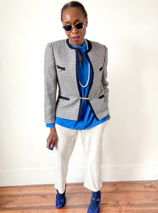 Collarless Vintage Jacket - Blue Houndstooth Check - Wool / Silk - M / UK 12