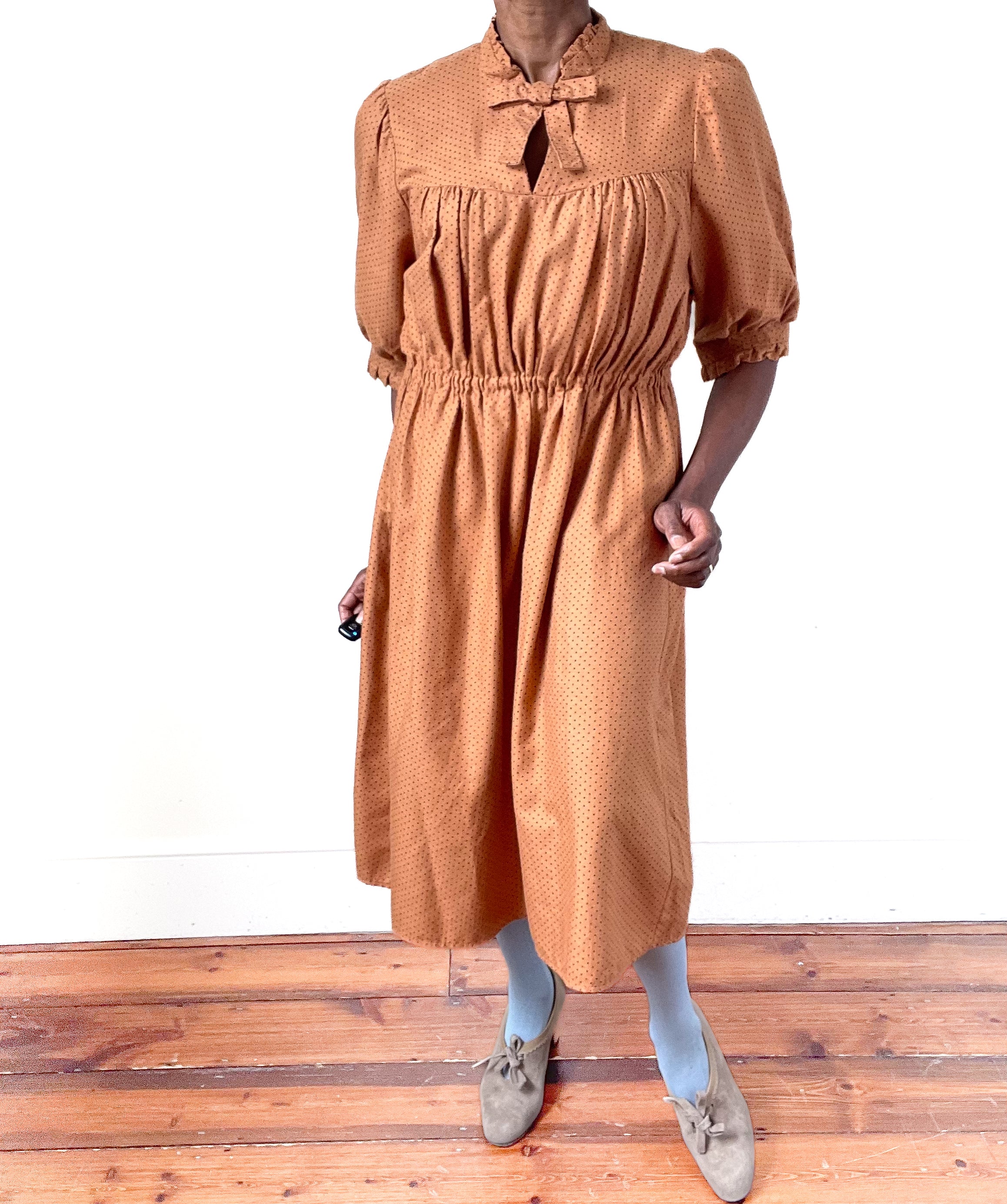 Spotted Vintage Day Dress - 1980s - Cotton Blend - Fit - L / UK 14