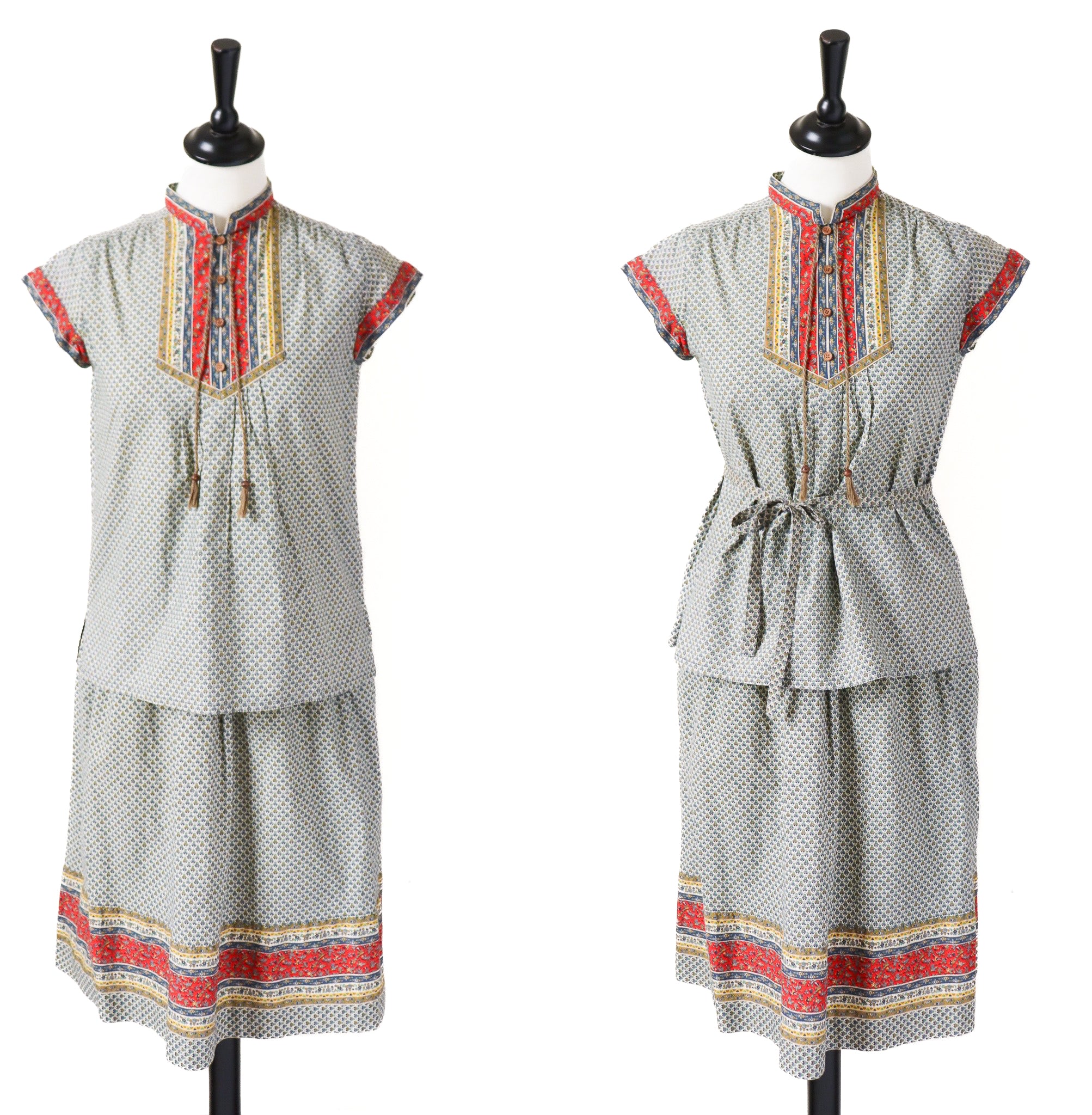 Vintage Cotton Peasant Blouse Skirt Suit Patterned Fit XXS UK Marshmallow Mountain