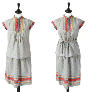 Vintage Cotton Peasant Blouse / Skirt Suit - Patterned - Fit XXS / UK 6 / 8