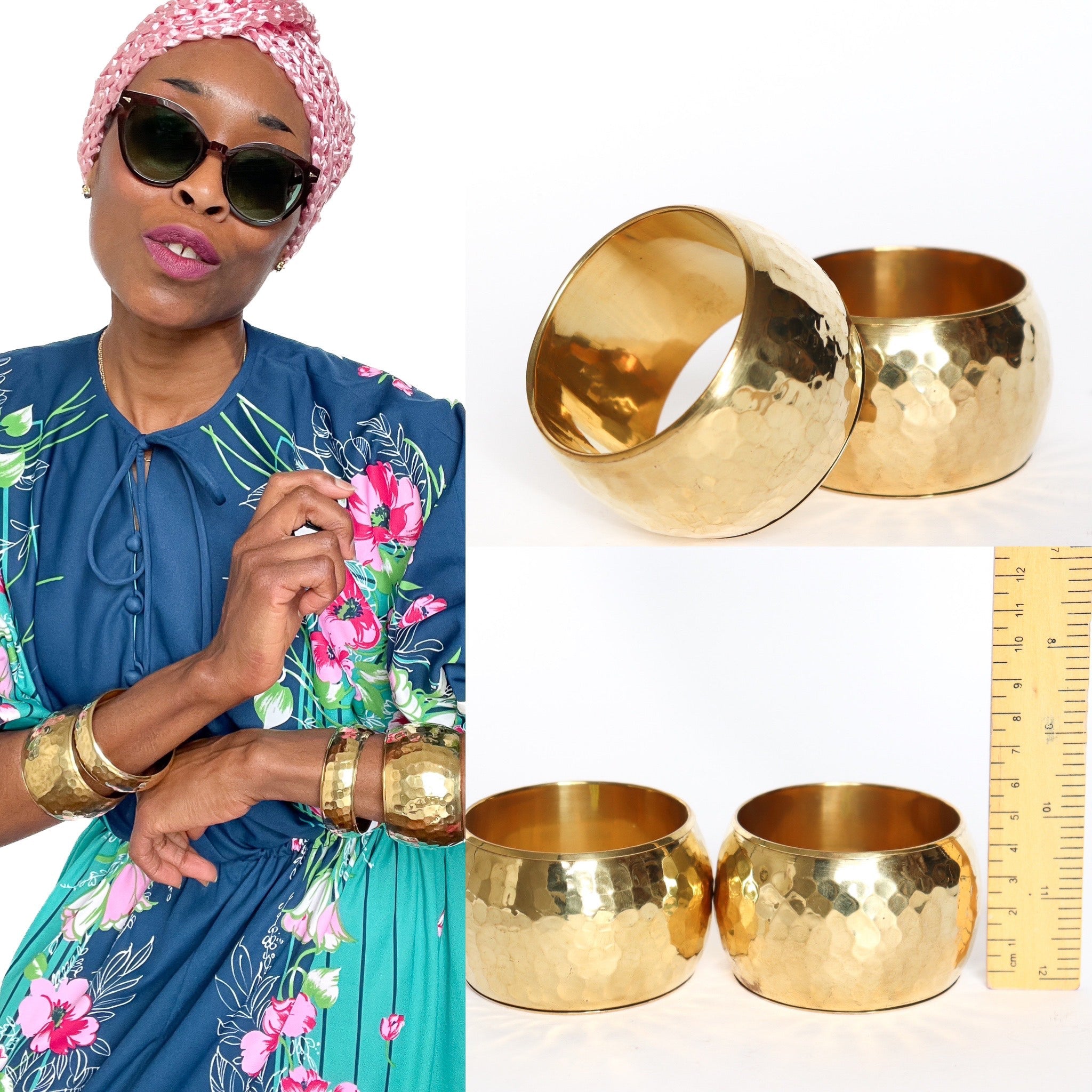 Set of 2 Vintage Hammered Brass Bangles - Gold Tone - X Large