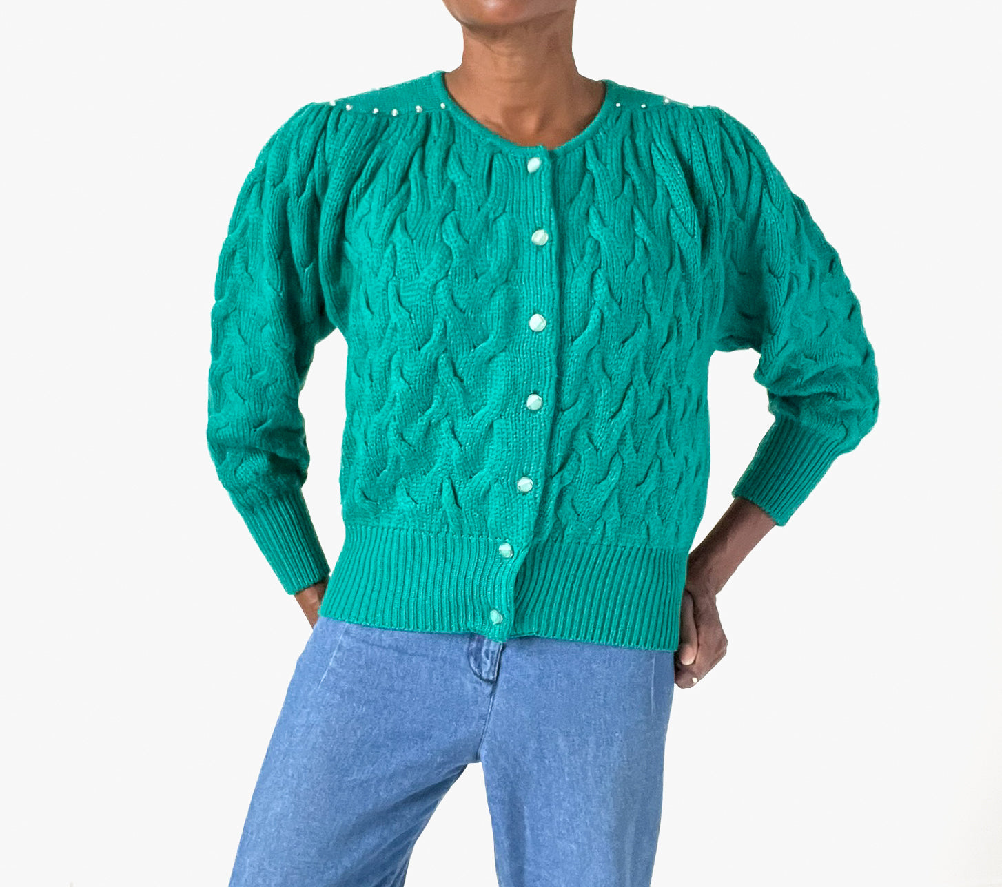 Green Vintage Cardigan - 1980s style - Beaded - S / M - UK 10 / 12