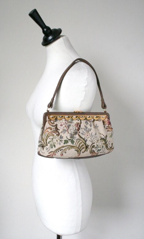 Vintage 1960s Top Handle Bag - Tapestry Brown / Leather - Small