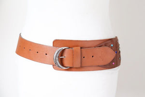 Wide Tan Brown Leather Vintage Belt - 1980s - Alexander - Small / Medium