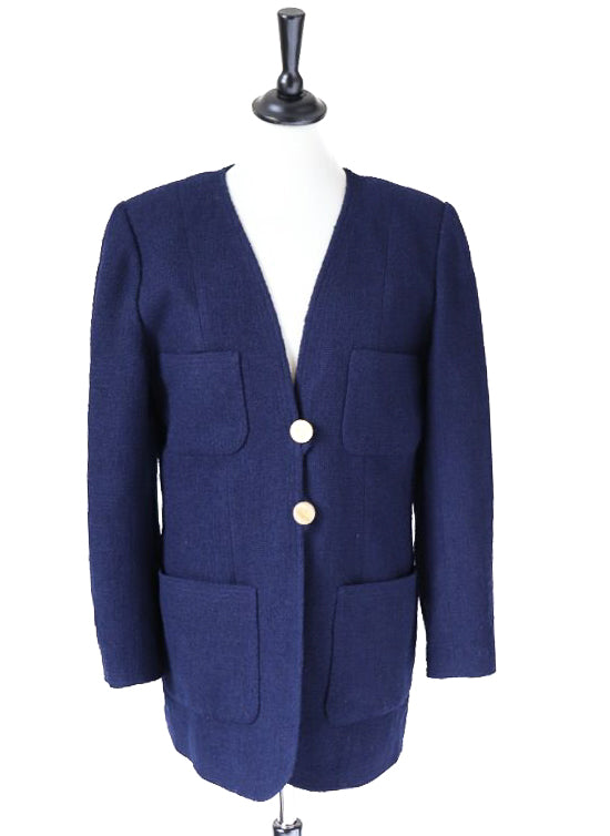 Collarless Blue Boucle Jacket - 1990s Vintage - M / UK 12