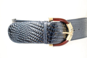 Dark Blue Wide Vintage Belt - FAUX Leather - Croc Embossed - XS