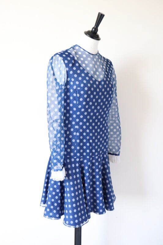 1960s Vintage Mini Dress - Polyester Chiffon Long Sleeves - Spotted - XS / UK 8