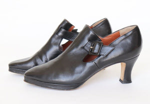 Black Leather T-Bar Shoes - Vintage 1990s - Vergelio - UK 3.5 / 36.5