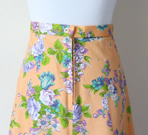 Vintage Maxi Praire Skirt - 1970s - Peach Orange Floral Cotton - XXS / UK 6