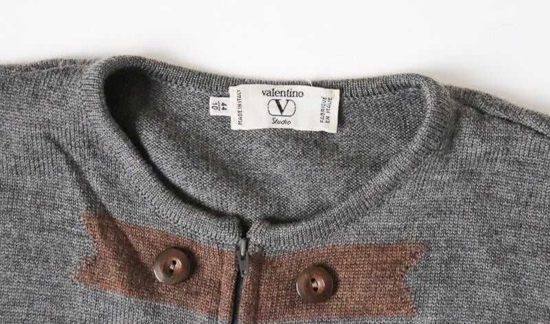 Valentino Wool Zip Cardigan - Grey / Brown Knit - Fit S / UK 10