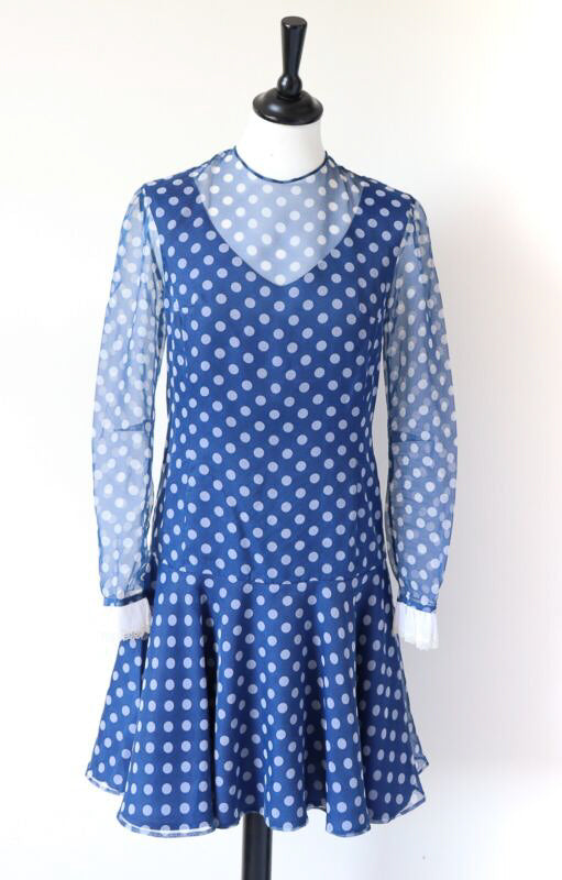 1960s Vintage Mini Dress - Polyester Chiffon Long Sleeves - Spotted - XS / UK 8
