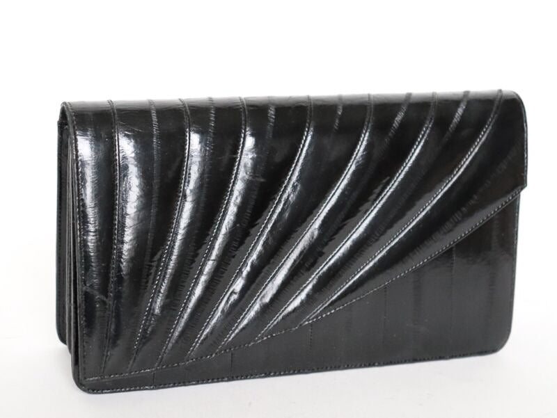 Envelope Clutch Bag - Eel Skin Leather - 1980s Vintage - Black - Small