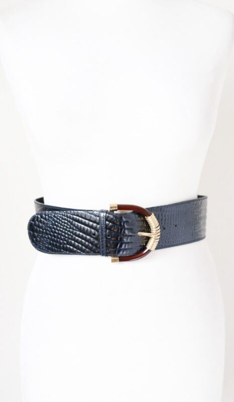 Dark Blue Wide Vintage Belt - FAUX Leather - Croc Embossed - XS