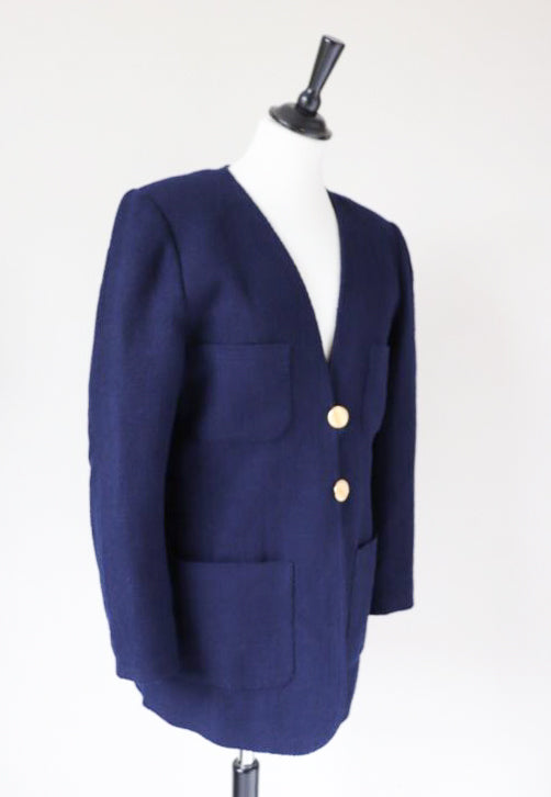 Collarless Blue Boucle Jacket - 1990s Vintage - M / UK 12