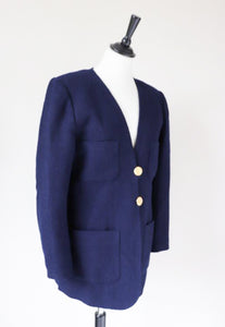 Collarless Blue Boucle Jacket - 1990s Vintage - M / UK 12