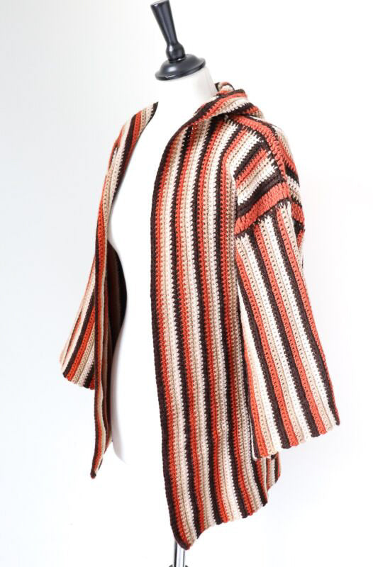 Vintage 1970s Wool Hooded Cardigan - Striped - Brown - S / UK 8 / 10