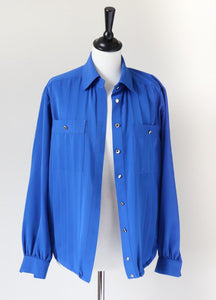Vintage 1980s Long Sleeve Shirt Blouse - Royal Blue - Elasticated  - L / UK 14