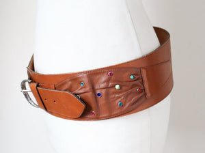 Wide Tan Brown Leather Vintage Belt - 1980s - Alexander - Small / Medium