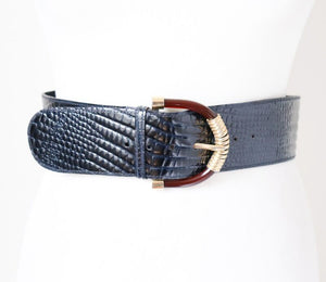 Dark Blue Wide Vintage Belt - FAUX Leather - Croc Embossed - XS