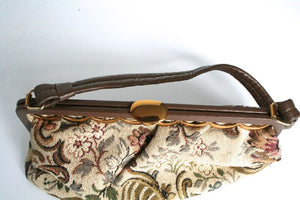 Vintage 1960s Top Handle Bag - Tapestry Brown / Leather - Small