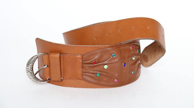 Wide Tan Brown Leather Vintage Belt - 1980s - Alexander - Small / Medium