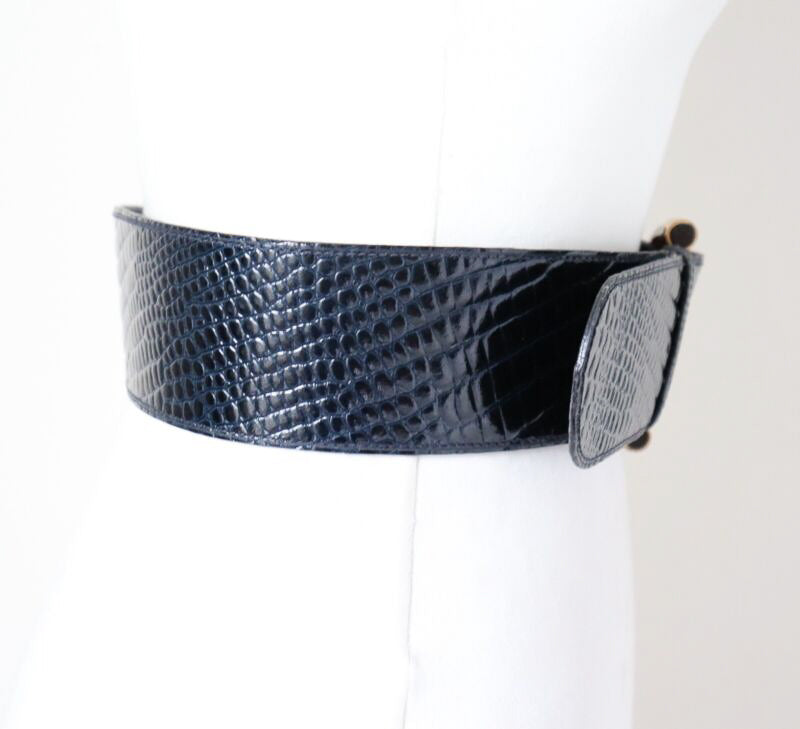 Dark Blue Wide Vintage Belt - FAUX Leather - Croc Embossed - XS