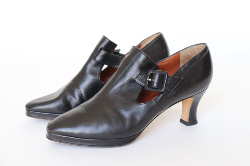 Black Leather T-Bar Shoes - Vintage 1990s - Vergelio - UK 3.5 / 36.5