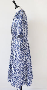 Shirt Waister Dress - 1950s Inspired - Blue  White Tulips - S / M - UK 10 / 12