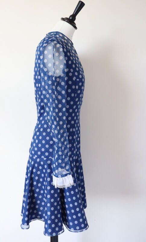 1960s Vintage Mini Dress - Polyester Chiffon Long Sleeves - Spotted - XS / UK 8