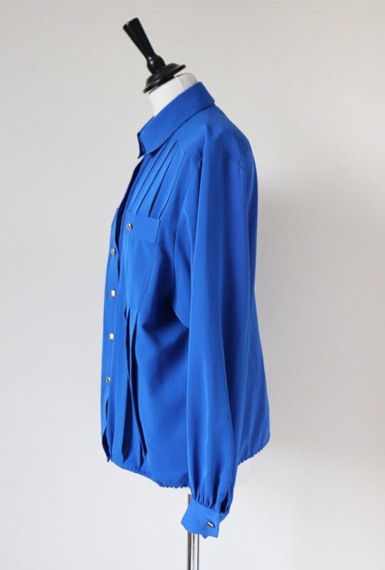 Vintage 1980s Long Sleeve Shirt Blouse - Royal Blue - Elasticated  - L / UK 14