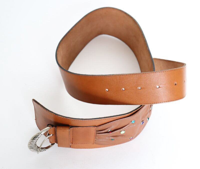 Wide Tan Brown Leather Vintage Belt - 1980s - Alexander - Small / Medium
