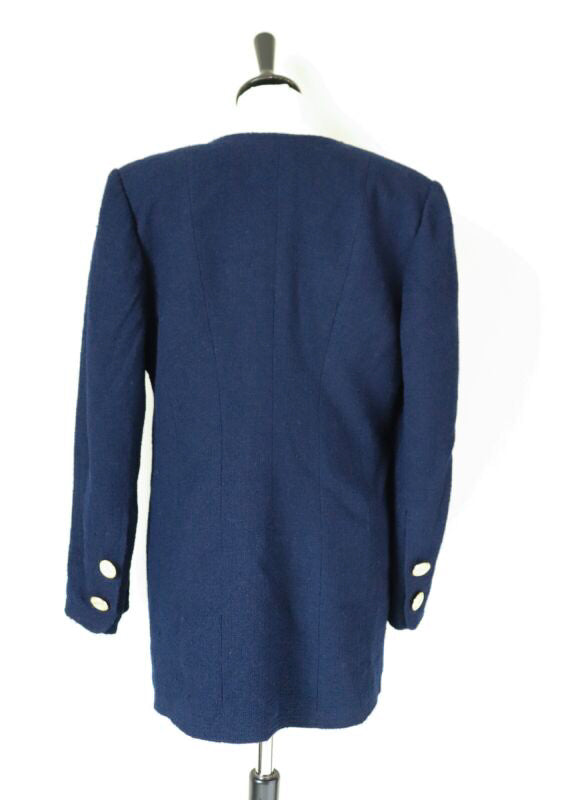 Collarless Blue Boucle Jacket - 1990s Vintage - M / UK 12