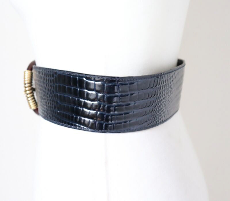 Dark Blue Wide Vintage Belt - FAUX Leather - Croc Embossed - XS