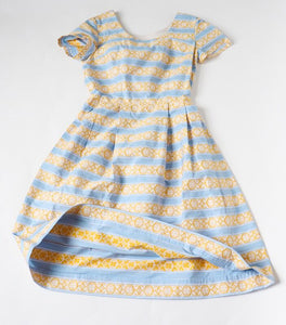1950s Dress - Cotton - Vintage Day Dress - Yellow Blue Striped - S /   UK 10